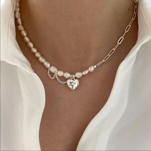 ✨Unique Asymmetric 925 Sterling Silver Chain White Pearl Heart Pendant Necklace
